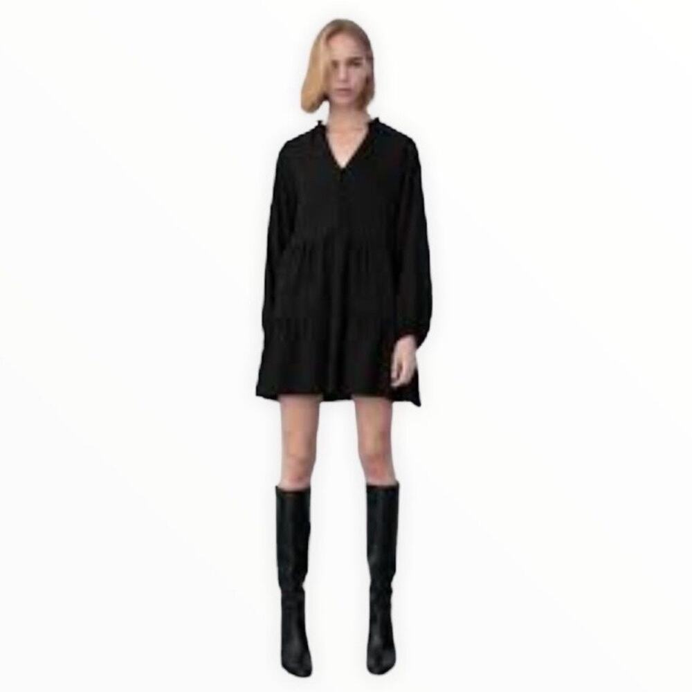 Zara Black Long Sleeve Collared Fit Flare Midi Dress Sz S